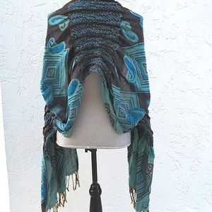 Woven Reversible Ruffled Scarf Shawl Wrap Fringe Ruched Multi Color Peacock OS